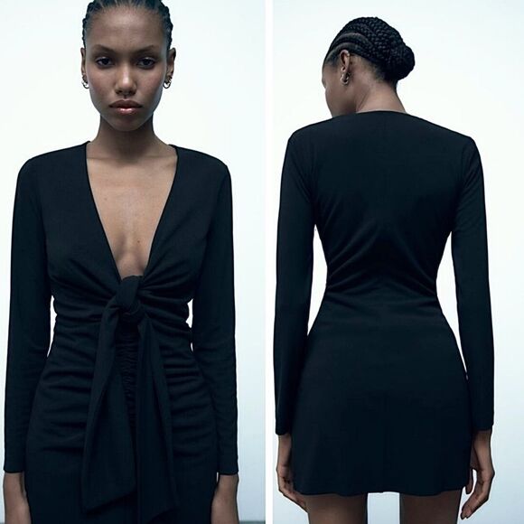 Zara Black Dress Tied Ruched Long Sleeve Size L • NEW WITH TAGS • - Picture 3 of 11